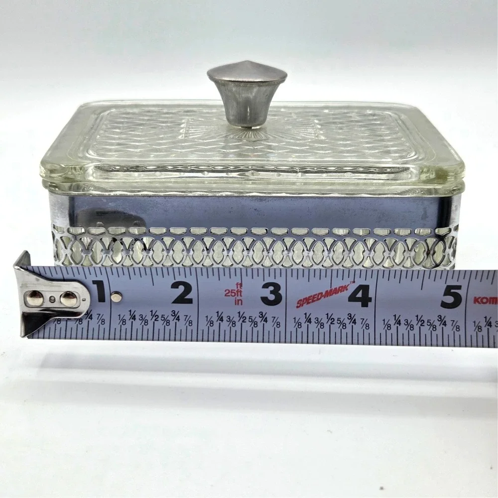 SQUARE Filigree Metal & Glass Trinket-Jewelry Box With Glass Lid Casket Vintage